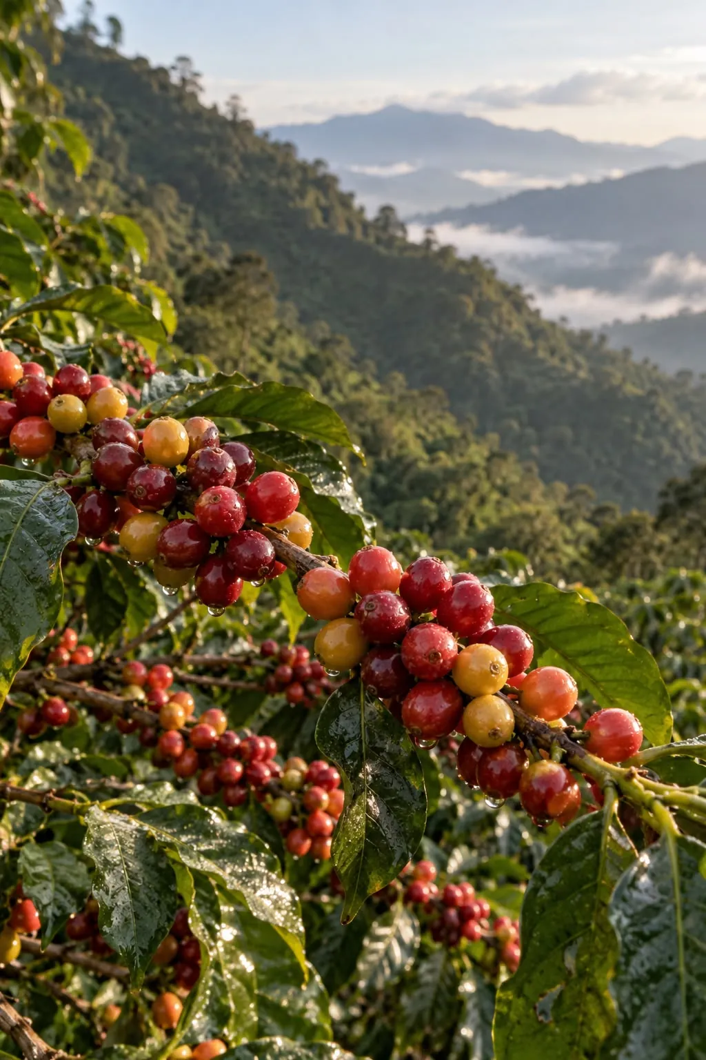 Ripe red and yellow coffee cherries on the branch above a misty valley