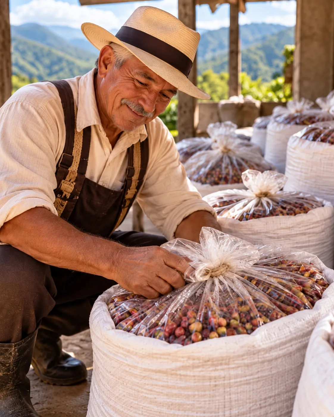 A coffee grower checking sacks of freshly picked ripe cherries