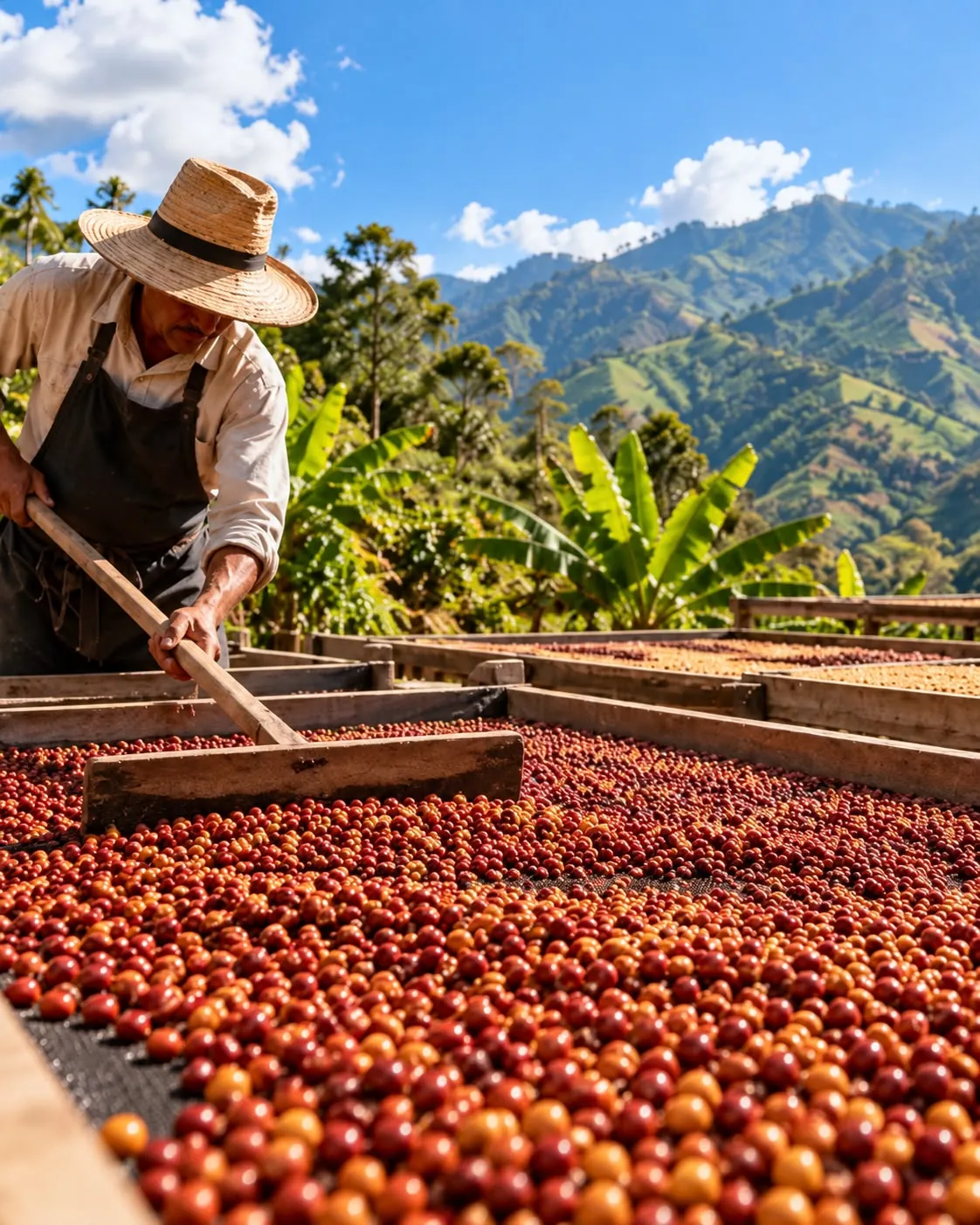 A grower turning coffee cherries on raised wooden drying beds, mountains behind