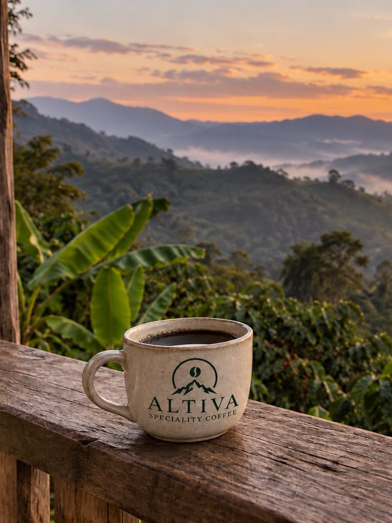 A cup of black coffee on a wooden veranda rail overlooking mountains at sunrise