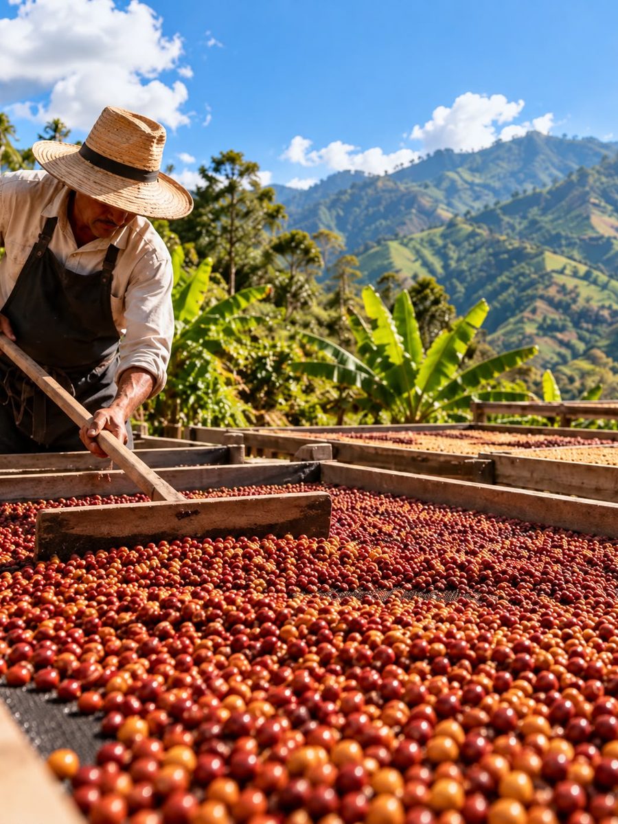 Coffee cherries spread to dry on raised wooden beds, with green mountains behind
