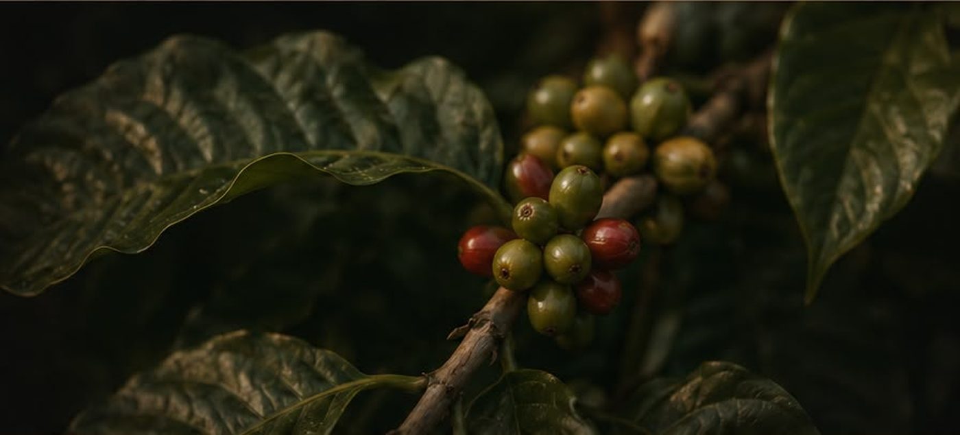Coffee cherries ripening on the branch in Colombia